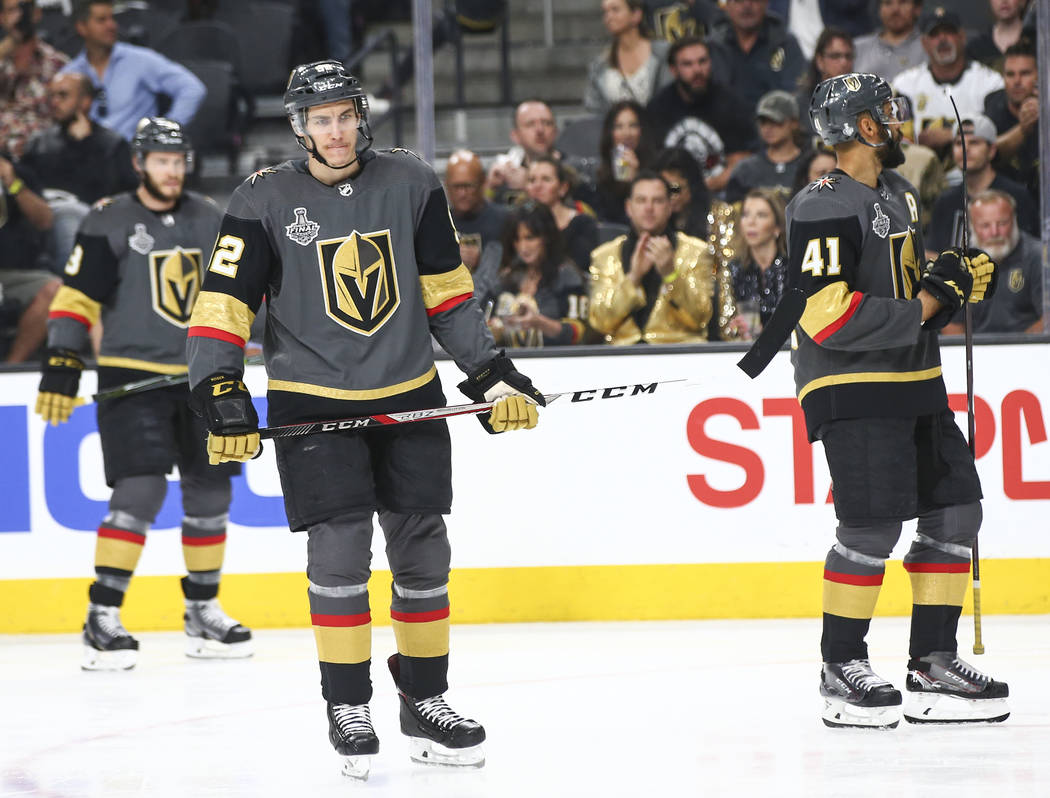 Golden Knights left wing Tomas Nosek (92) reacts during the first period of Game 5 of the Stanley Cup Final against the Washington Capitals at T-Mobile Arena in Las Vegas on Thursday, June 7, 2018 ...