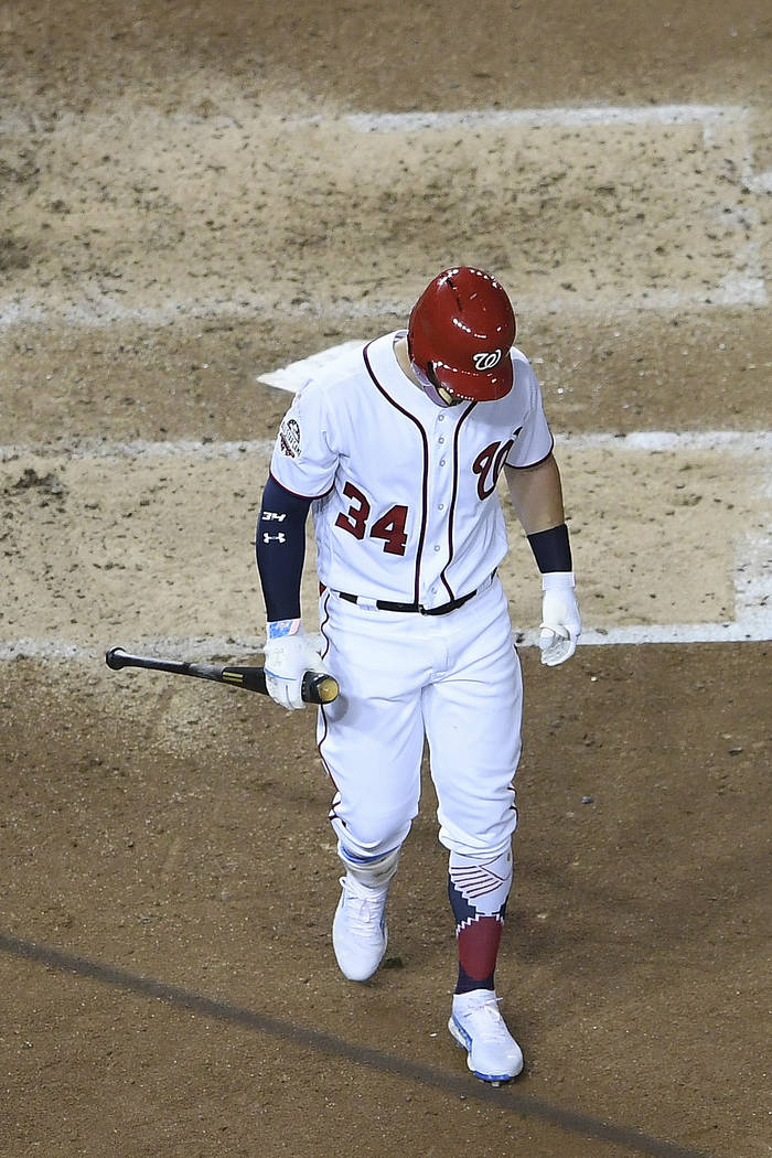 Washington Nationals outfielder Bryce Harper (34) walks out of the batters box after striking out in the fourth inning at the Major League Baseball All-star Game, Tuesday, July 17, 2018 in Washing ...