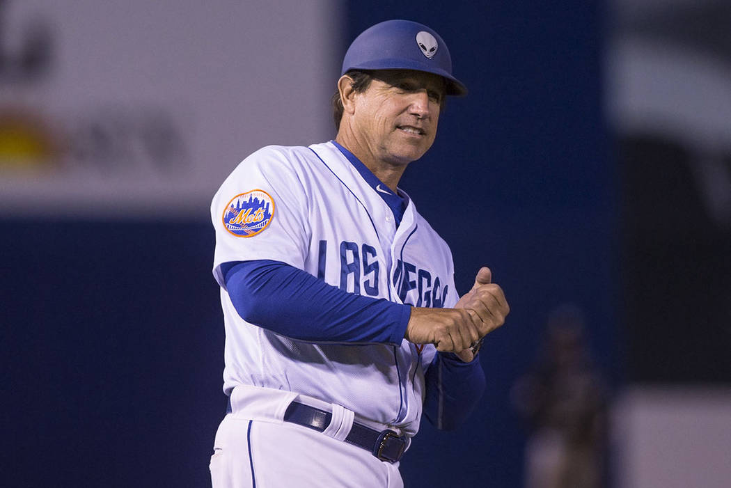51s manager Tony DeFrancesco signals his batter during Las Vegas' home matchup with the El Paso Chihuahuas on Monday, April 9, 2018, at Cashman Field, in Las Vegas. (Benjamin Hager Las Vegas Revie ...