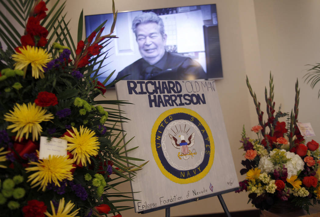 Richard Harrison is shown in the TV show Pawn Stars on the screen at his memorial service at Palm Mortuary in Las Vegas, Sunday, July 1, 2018. Well known as the patriarch in the Pawn Stars TV show ...