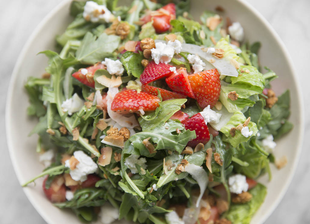 Strawberry fields with organic strawberry, wild arugula, shaved fennel, toasted oats, dried mulberry, goat cheese and chia seed vinaigrette at Flower Child on Friday, July 20, 2018, in Las Vegas. ...