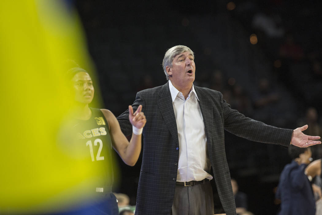 Aces coach Bill Laimbeer questions a call in the 1st quarter during Las Vegas' matchup with the Dallas Wings on Wednesday, June 27, 2018, at the Mandalay Bay Events Center, in Las Vegas. Benjamin ...