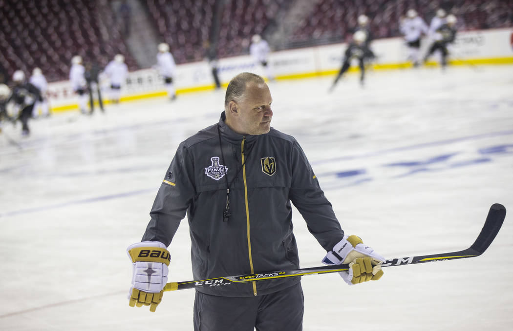 Golden Knights head coach Gerard Gallant during practice ahead of Game 3 of the Stanley Cup Final against the Washington Capitals at Capital One Arena in Washington on Saturday, June 2, 2018. Chas ...
