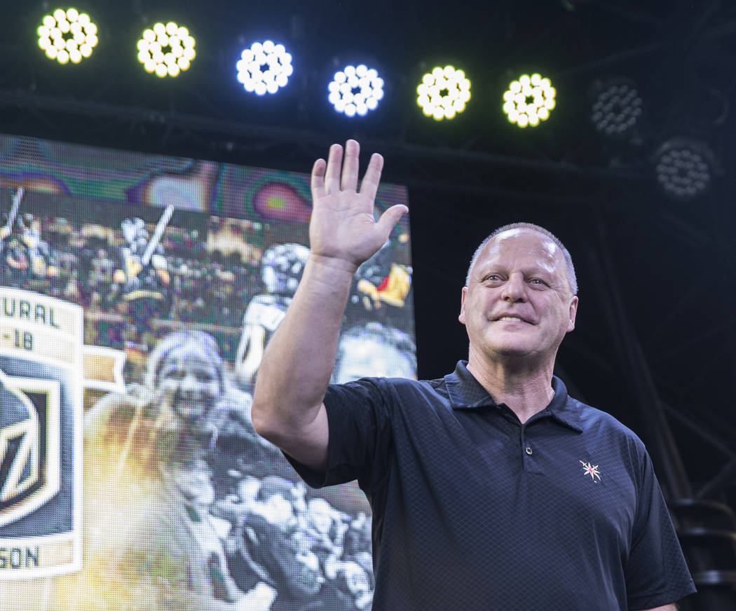 Golden Knights coach Gerard Gallant waves at fans during “Stick Salute to Vegas and Our Fans” on Wednesday, June 13, 2018, at the Fremont Street Experience, in Las Vegas. Benjamin Ha ...