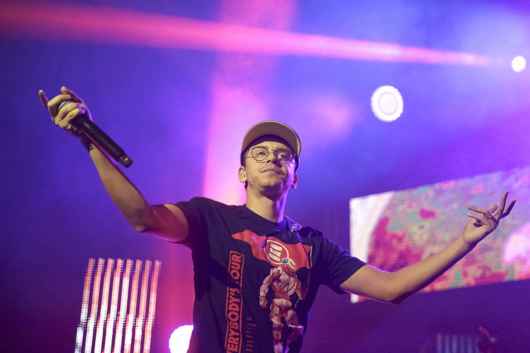 Rapper Logic performs on stage at the Pier Six Concert Pavilion on Thursday, Aug. 10, 2017, in Baltimore. (Photo by Brent N. Clarke/Invision/AP)