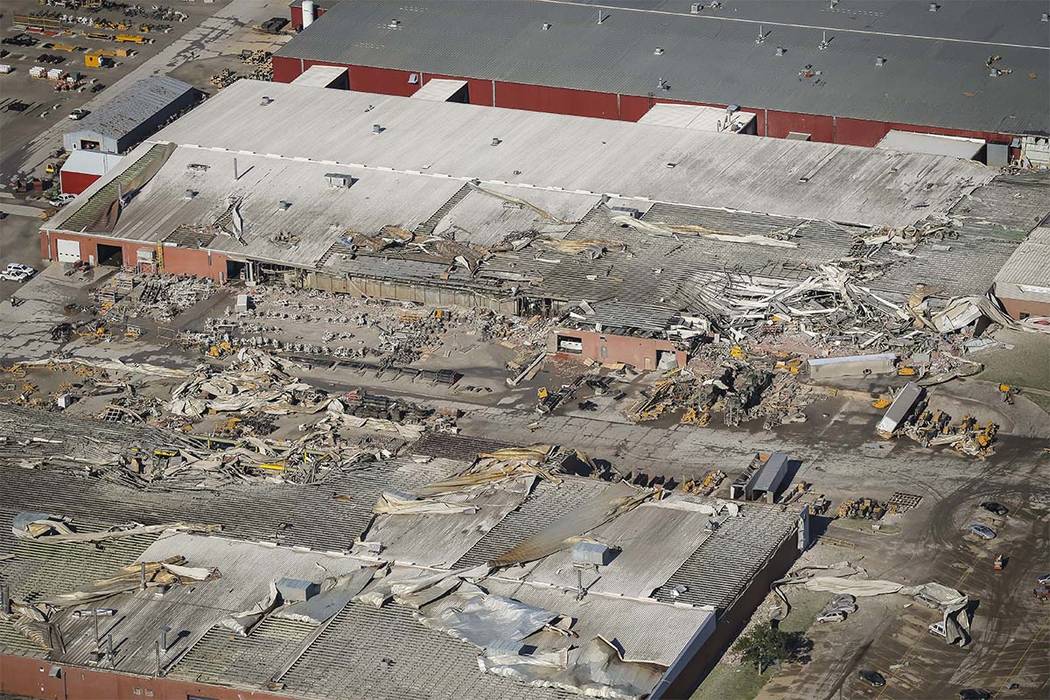 Damage to production plants at Vermeer Corp., a farm and construction equipment manufacturer in Pella, Iowa, is seen in an aerial view, Thursday, July 19, 2018, after a tornado went through the ar ...