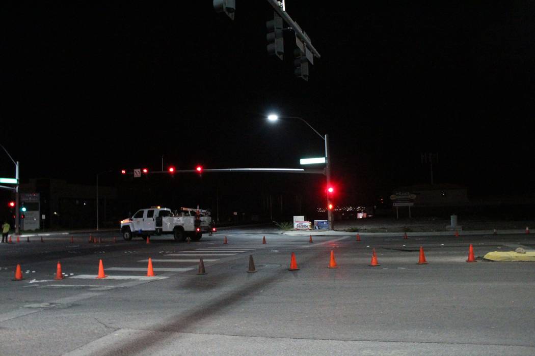 NV Energy workers block off Galleria Drive near Gibson Road while crews repair downed power lines in Henderson on July 20, 2018. (Max Michor/Las Vegas Review-Journal)