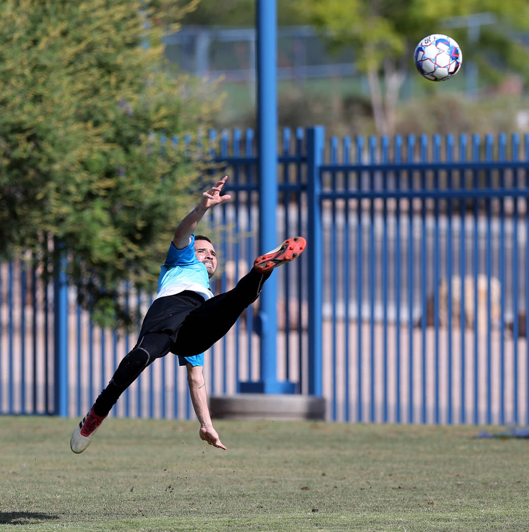 Las Vegas Lights goalkeeper Ricardo Ferrino executes a bicycle kick after team practice at Kellogg Zaher Soccer Complex Friday, July 20, 2018. K.M. Cannon Las Vegas Review-Journal @KMCannonPhoto