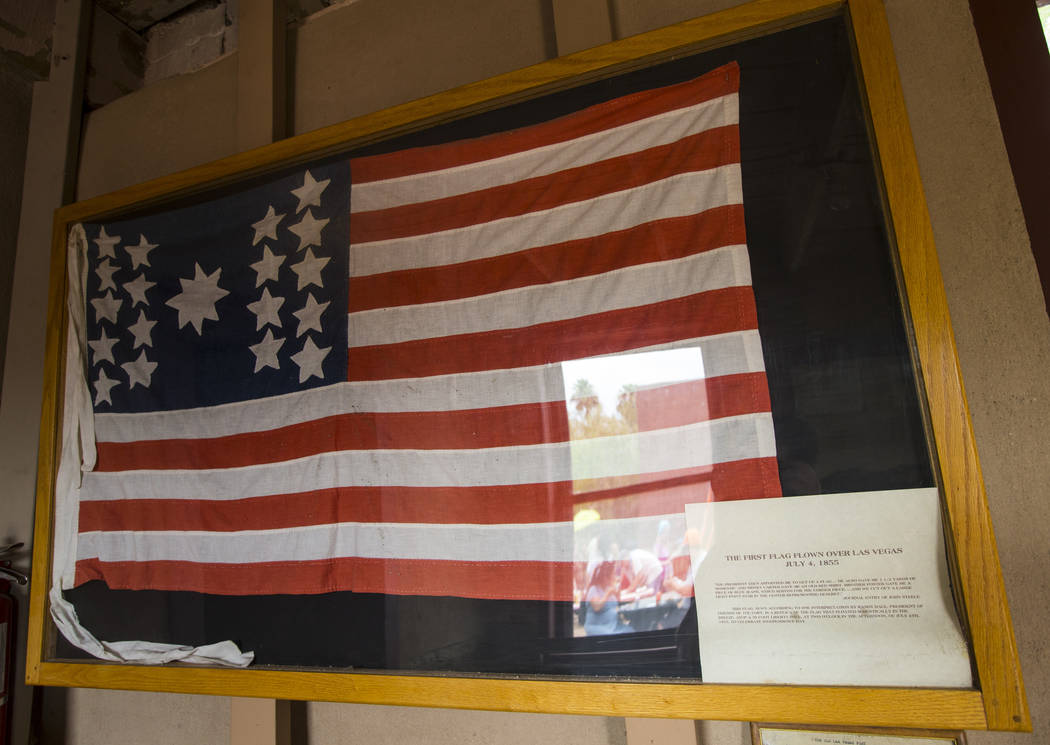 The first U.S. flag flown over Las Vegas on July 4 in 1855 on display during the "Pioneer Day" event at the Old Las Vegas Mormon Fort State Historical Park in Las Vegas on Saturday, July ...