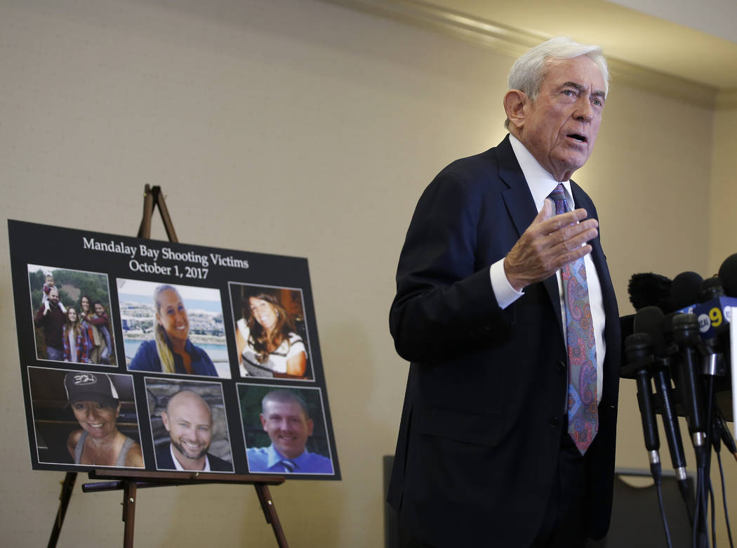 Attorney Mark P. Robinson, representing shooting victims and family members who lost loved ones in the Oct. 1, 2017, Las Vegas shooting, talks about MGM's decision, at a news conference in Newport ...