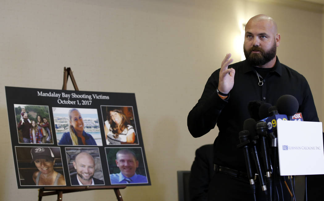 Brian Ahlers, 38, of Beaumont, Calif., who was at the concert where he lost his wife from gunfire in the Oct. 1, 2017, Las Vegas shooting, talks about that evening and MGM's decision, during a per ...