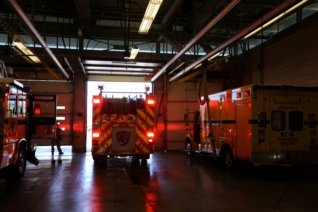A crew with Clark County Fire Department Station 22 in Las Vegas responds to a call Monday, July 23, 2018. K.M. Cannon Las Vegas Review-Journal @KMCannonPhoto