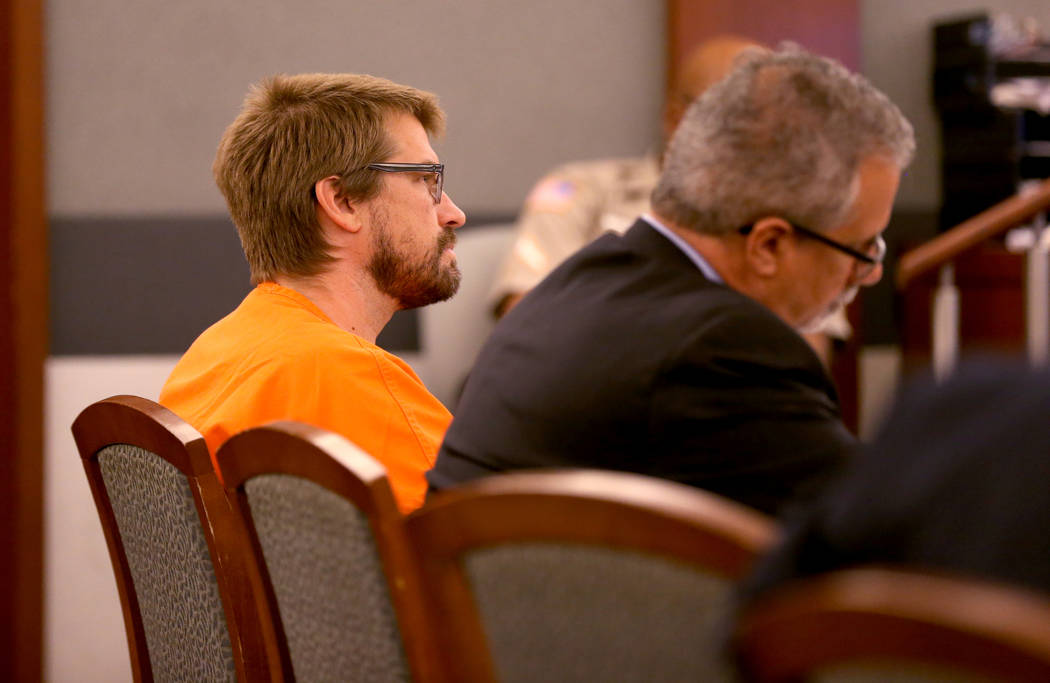 Jeremy Strohmeyer, who sexually assaulted and killed 7-year-old Sherrice Iverson in a Primm casino restroom 21 years ago, listens to testimony during a hearing at the Regional Justice Center on Th ...