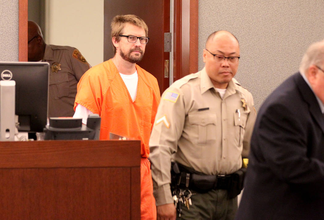 Jeremy Strohmeyer, who sexually assaulted and killed 7-year-old Sherrice Iverson in a Primm casino restroom 21 years ago, enters the courtroom for a hearing at the Regional Justice Center on Thurs ...