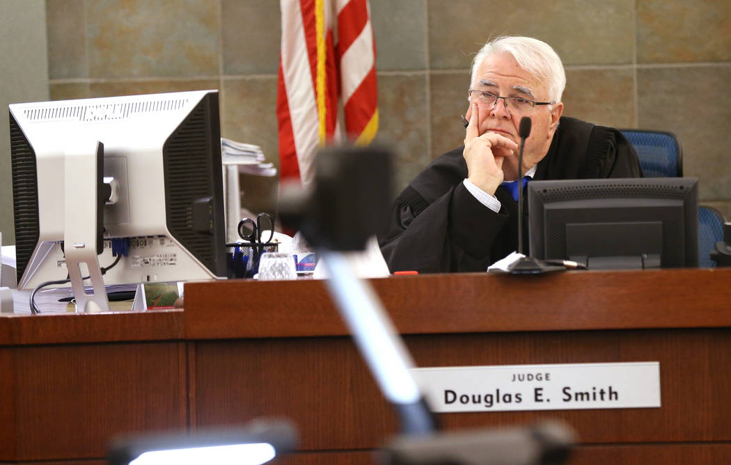 District Judge Doug Smith presides over a hearing at the Regional Justice Center on Thursday, May 31, 2018, for Jeremy Strohmeyer, who sexually assaulted and killed 7-year-old Sherrice Iverson in ...