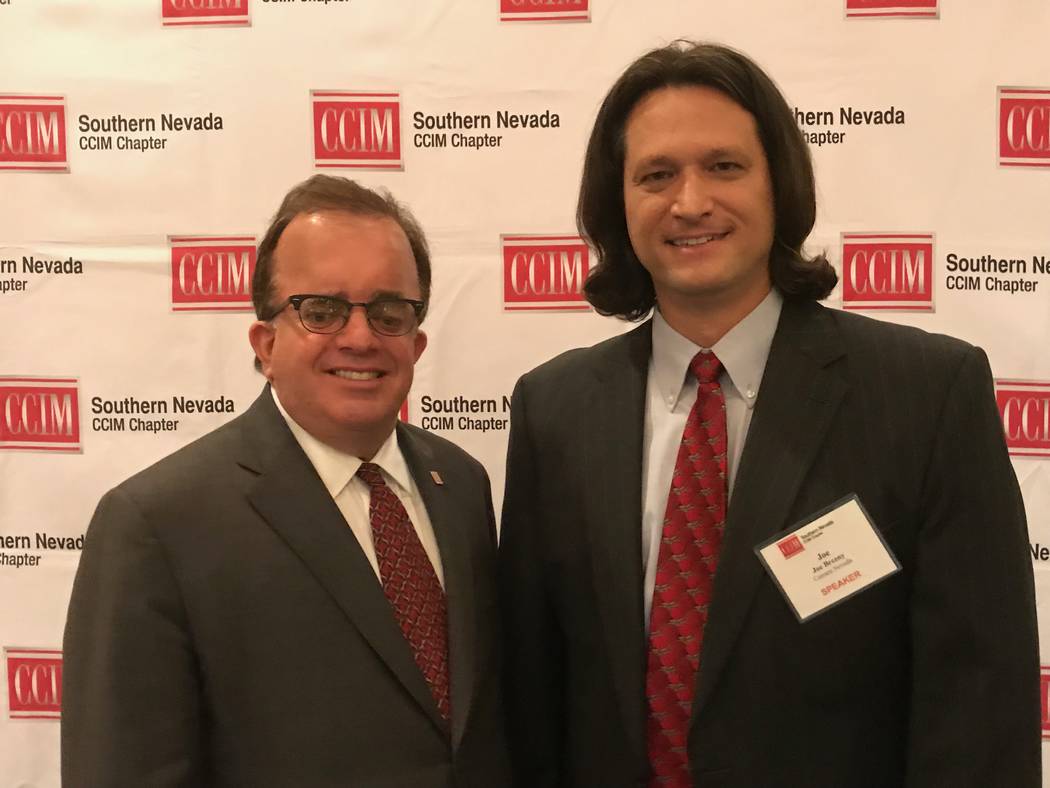 The 2018 Southern Nevada CCIM President Chris McGarey, left, stands with Joe Brezny of Carrara Nevada at the Westin Las Vegas. Brezny was the keynote speaker for CCIM's June luncheon on recreation ...