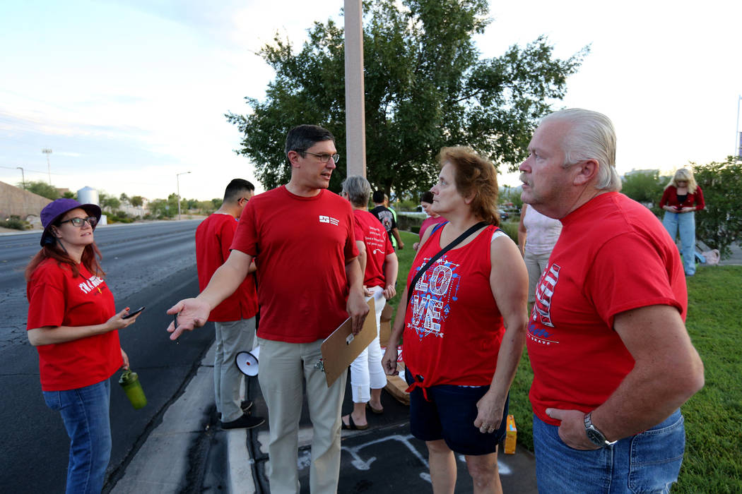 Nurses and supporters affiliated with the Nevada chapter of the national Nurses Organizing Committee prepare to protest outside MountainView Hospital in Las Vegas Tuesday, July 24, 2018, to addres ...