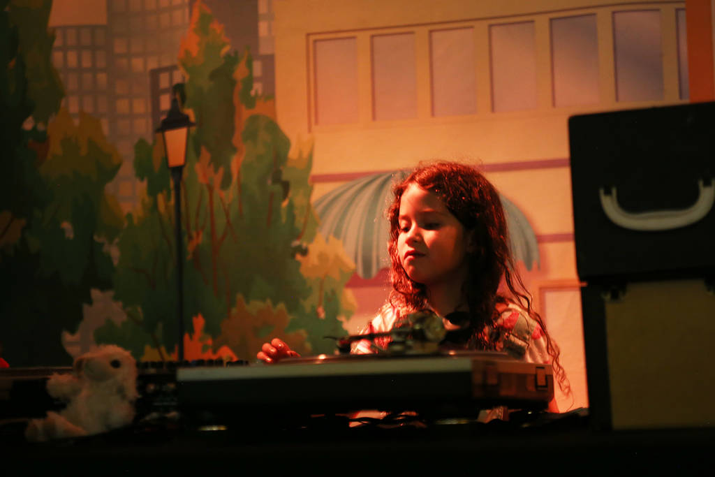 Sara Camacho, 6, aka DJ Sadako, performs at the Discovery Children's Museum in Las Vegas, Tuesday, July 24, 2018. From July 21 to 28 the museum is hosting Totally 80's Week and DJ Sadako is perfor ...