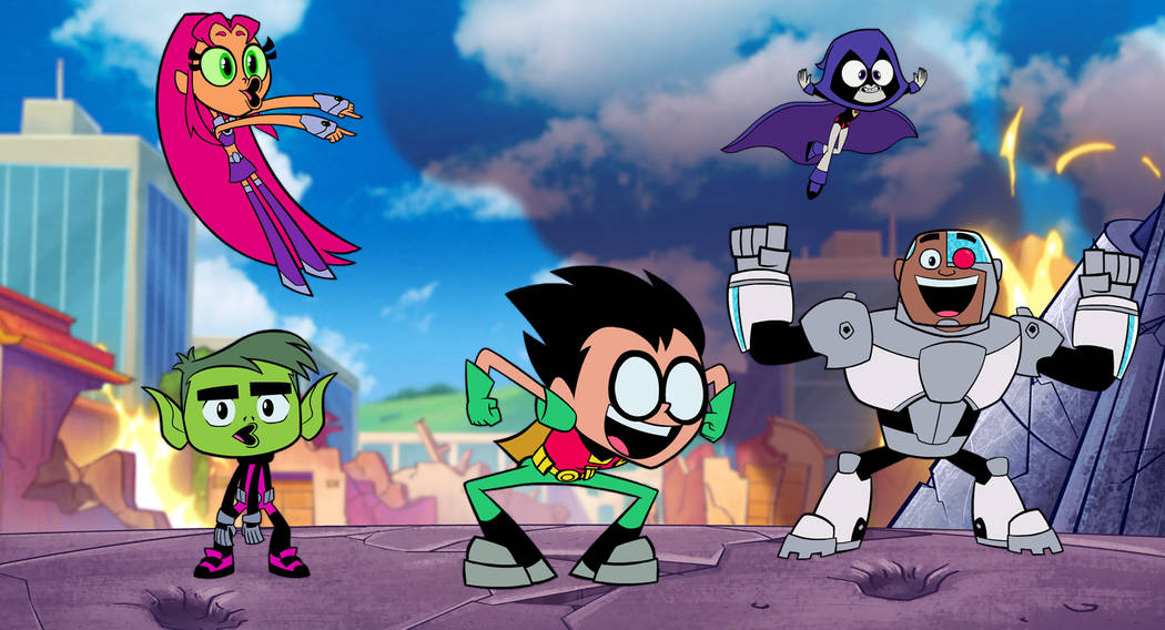 This image released by Warner Bros. Pictures shows characters, from left, Beast Boy, voiced by Greg Cipes, Starfire, voiced by Hynden Walch, top left, Robin voiced by Scott Menville, Raven, voiced ...