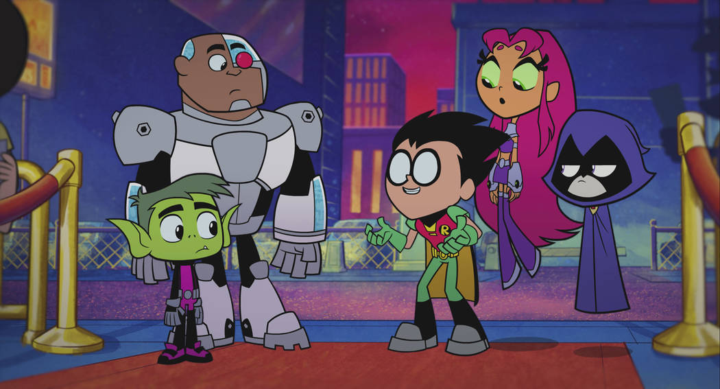 This image released by Warner Bros. Pictures shows characters, from left, Beast Boy, voiced by Greg Cipes, Cyborg, voiced by Khary Payton, Robin voiced by Scott Menville, Starfire, voiced by Hynde ...