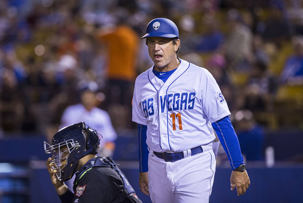 51s manager Tony DeFrancesco takes the field during Las Vegas' home matchup with the El Paso Chihuahuas on Monday, April 9, 2018, at Cashman Field, in Las Vegas. Benjamin Hager Las Vegas Review-Jo ...