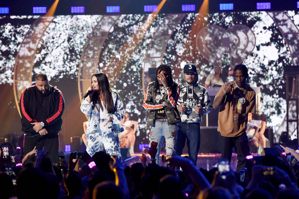 DJ Khaled, Demi Lovato, Quavo, Chance the Rapper, and Travis Scott perform onstage during the 2017 iHeartRadio Music Festival at T-Mobile Arena on September 23, 2017 in Las Vegas, Nevada. (Photo ...