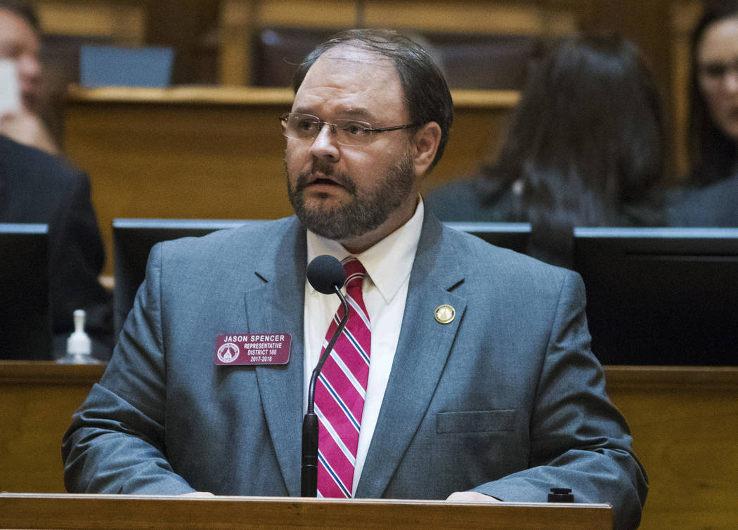 In this Feb. 28, 2018 photo, Rep. Jason Spencer speaks at the Georgia State Capitol in Atlanta. Spencer is seen using racial slurs and dropping his pants in an episode of Sacha Baron Cohen's Showt ...