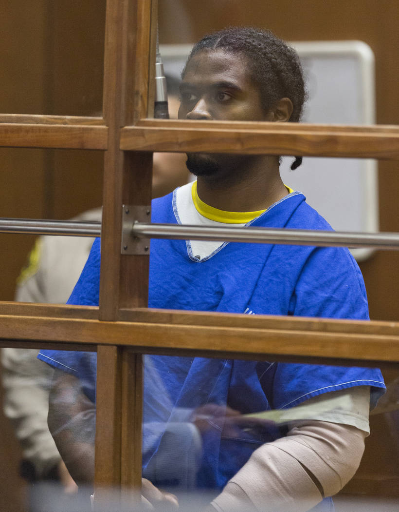 Gene Evin Atkins appears for the first time in Los Angeles Superior court in Los Angeles Tuesday, July 24, 2018. Police say Atkins shot his grandmother seven times, kidnapped his 17-year-old girlf ...