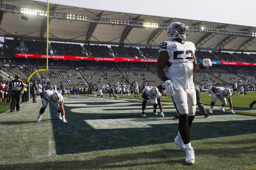 Oakland Raiders defensive end Khalil Mack (52) warms up before playing the Los Angeles Chargers in an NFL game at StubHub Center in Carson, Calif. on Sunday, Dec. 31, 2017. Chase Stevens Las Vegas ...