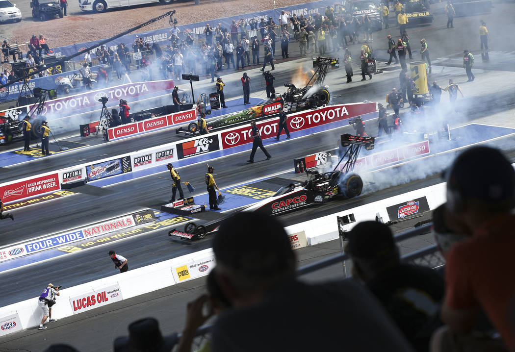 Top Fuel drivers practice before competing during the first day of qualifying for the DENSO Spark Plugs NHRA Nationals at The Strip at Las Vegas Motor Speedway on Friday, April 6, 2018. Chase Stev ...
