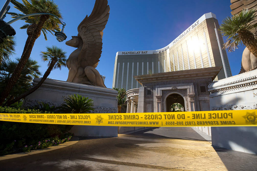 Mandalay Bay on Oct. 2, 2017, the day after the Route 91 Harvest festival shooting in Las Vegas. (Richard Brian/Las Vegas Review-Journal) @vegasphotograph