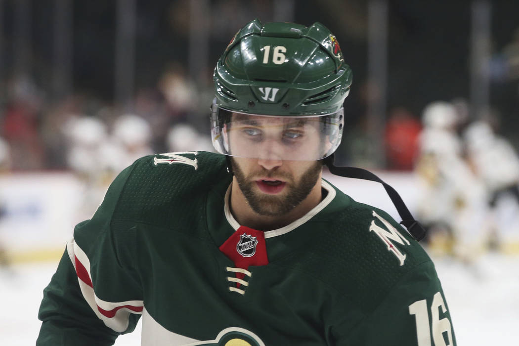 Minnesota Wild's Jason Zucker warms before the first period of an NHL hockey game against the Vegas Golden Knights Friday, Feb. 2, 2018, in St. Paul, Minn. (AP Photo/Jim Mone)