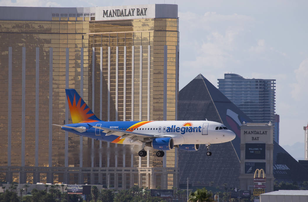 An Allegiant Air flight prepares to land at McCarran International Airport in Las Vegas on Monday, July 23, 2018. Richard Brian Las Vegas Review-Journal @vegasphotograph