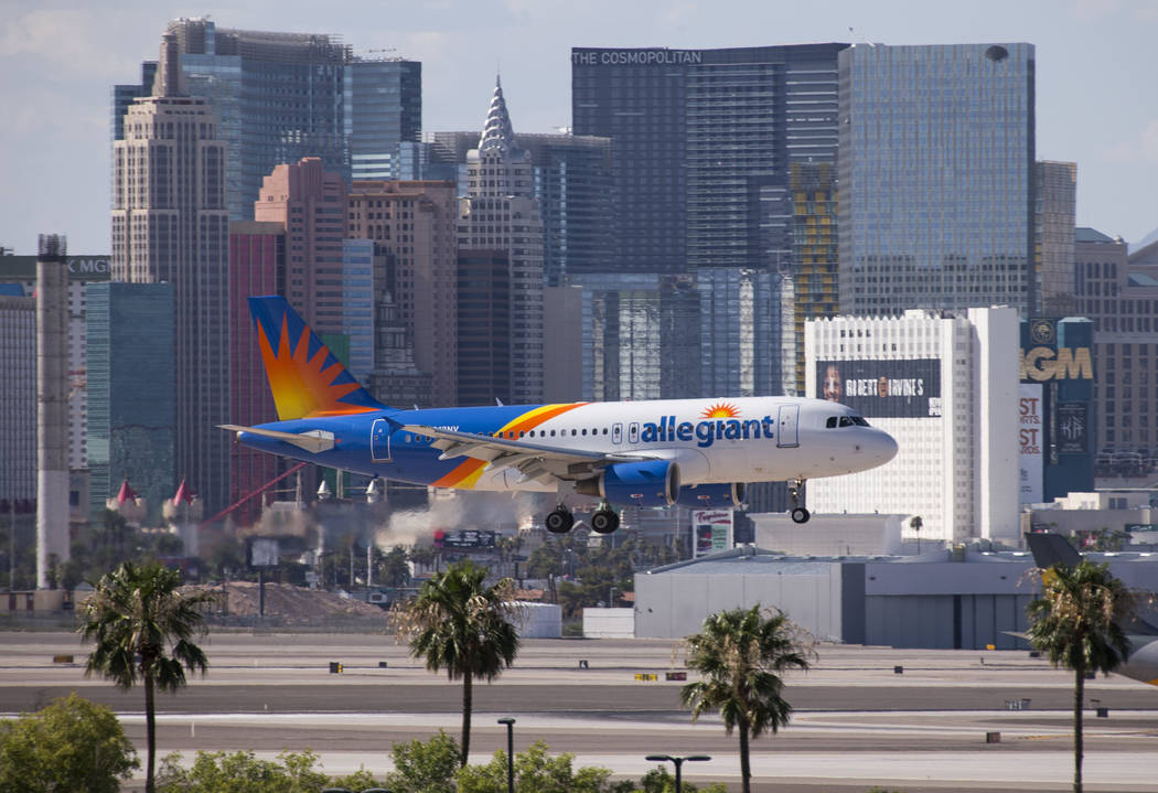 An Allegiant Air flight prepares to land at McCarran International Airport in Las Vegas on Monday, July 23, 2018. Richard Brian Las Vegas Review-Journal @vegasphotograph
