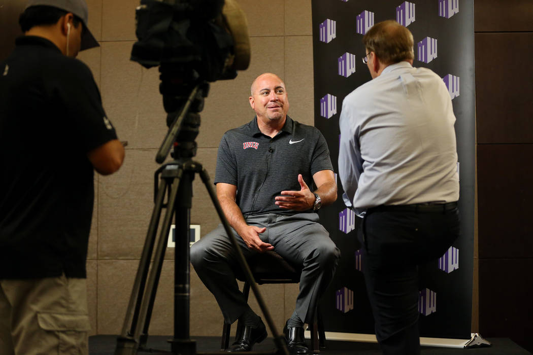 UNLV's head coach Tony Sanchez is interviewed during the Mountain West Conference football media day at the Cosmopolitan hotel-casino in Las Vegas, Wednesday, July 25, 2018. Erik Verduzco Las Vega ...