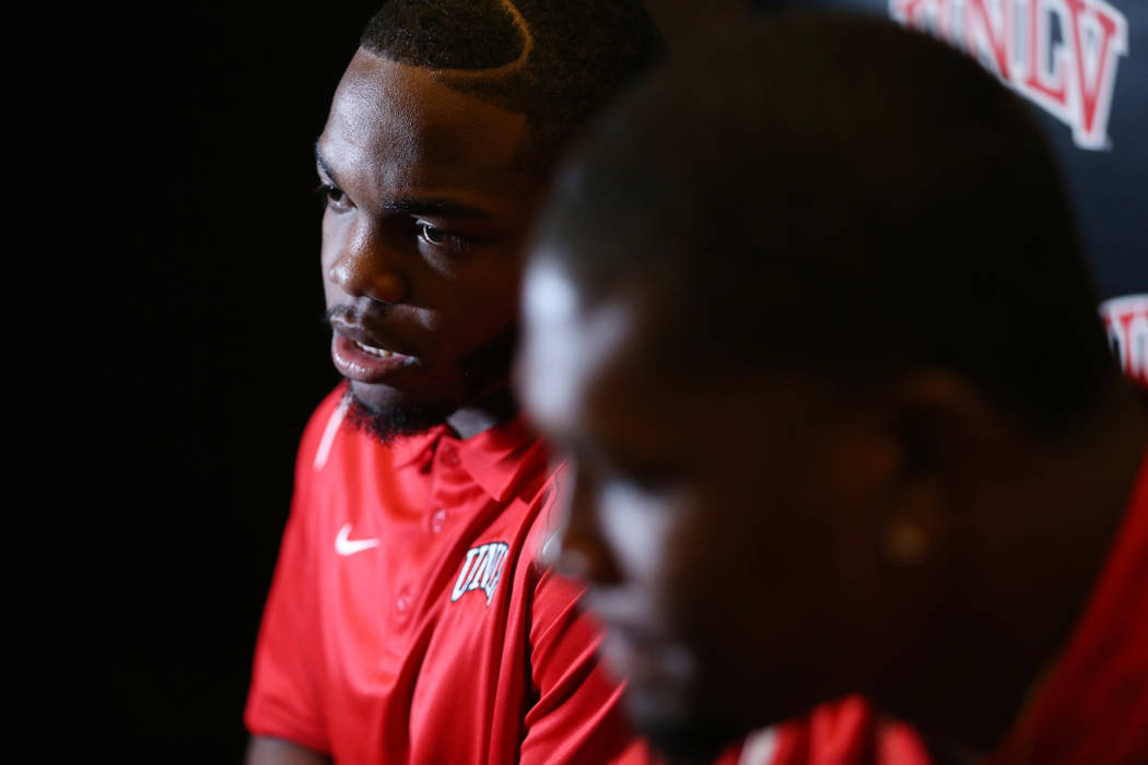 UNLV's Lexington Thomas, left, is interviewed during the Mountain West Conference football media day at the Cosmopolitan hotel-casino in Las Vegas, Wednesday, July 25, 2018. Erik Verduzco Las Vega ...