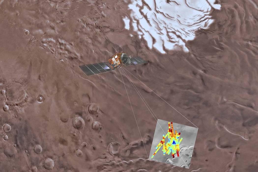 This image provided by the ESA/INAF shows an artist's rendering of the Mars Express spacecraft probing the southern hemisphere of Mars. At upper right is the planet's southern ice cap. The inset i ...
