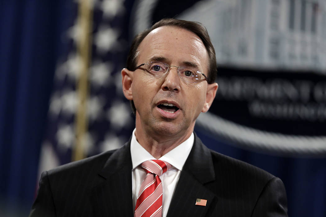 Deputy Attorney General Rod Rosenstein speaks during a news conference at the Department of Justice. (AP Photo/Evan Vucci)