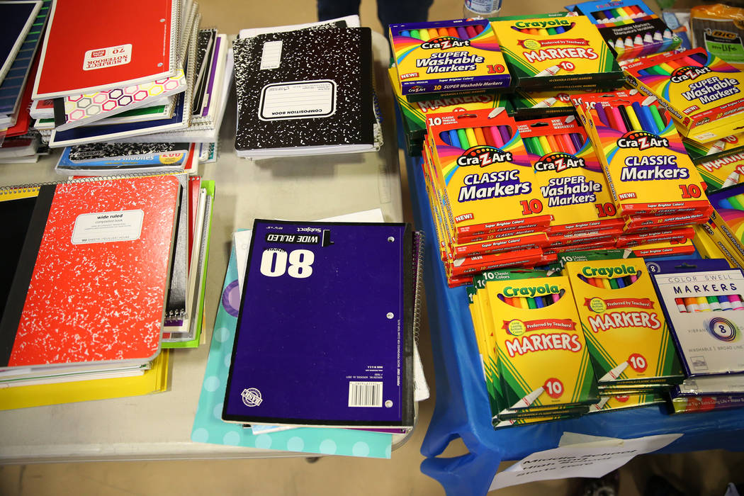 School supplies for foster children during an event sponsored by Foster Change at the Clark County Family Services Department in Las Vegas, Thursday, July 26, 2018. Erik Verduzco Las Vegas Review- ...