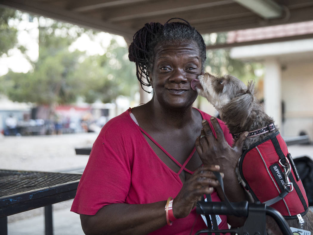 Rosslyn Hubbard's dog Da Brat licks her tears off her face after Hubbard discussed the circumstances that caused her homelessness on Thursday, July 27, 2018, at the city of Las Vegas' homeless cou ...