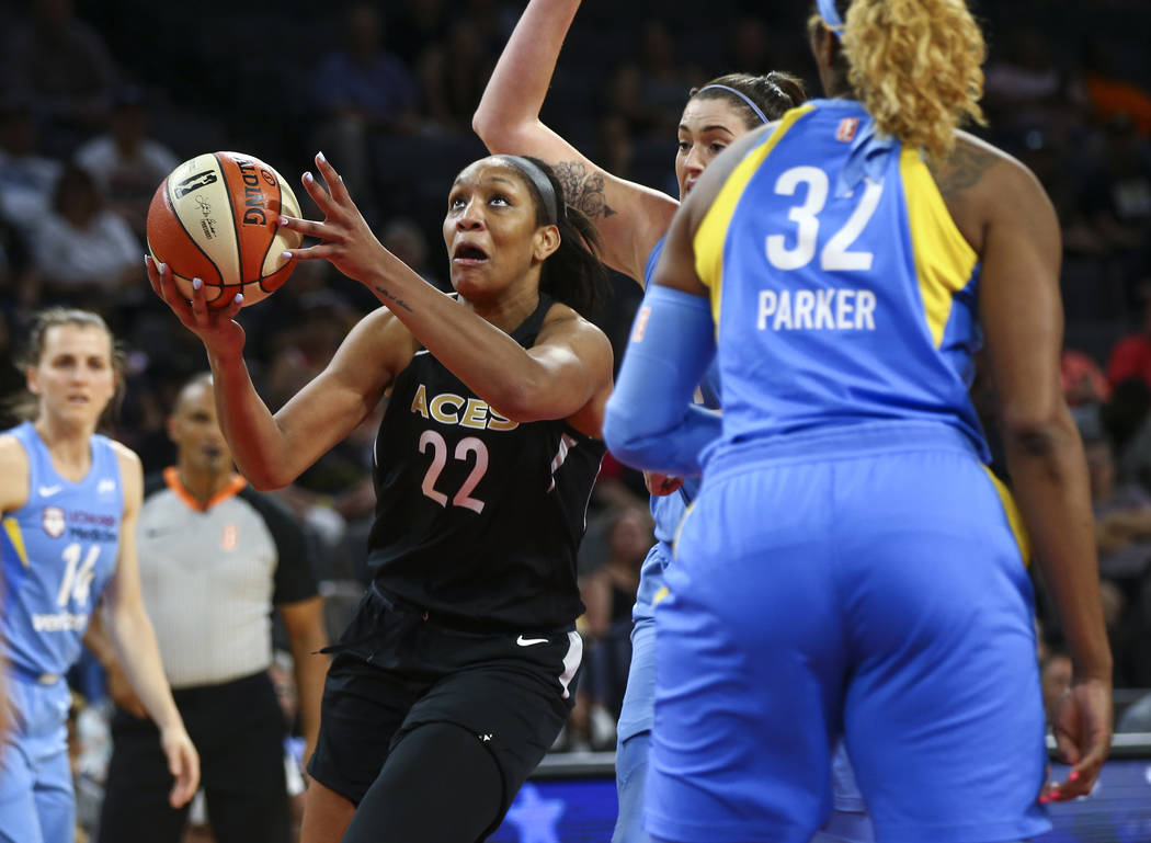 Las Vegas Aces center A'ja Wilson (22) shoots past the Chicago Sky during the second half of a WNBA basketball game at Mandalay Bay Events Center in Las Vegas on Thursday, July 5, 2018. Chase Stev ...