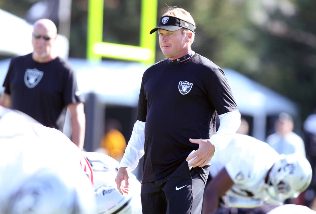 Oakland Raiders head coach Jon Gruden observes drills at the NFL football team's training camp in Napa, Calif., Friday, July 27, 2018. Heidi Fang Las Vegas Review-Journal @HeidiFang