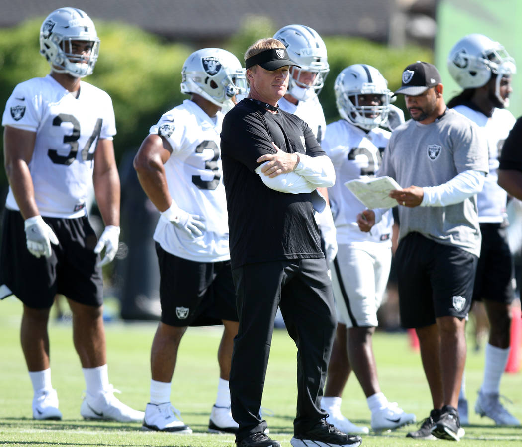 Oakland Raiders head coach Jon Gruden oversees the offensive drills at the team's NFL training camp in Napa, Calif., Friday, July 27, 2018. Heidi Fang Las Vegas Review-Journal @HeidiFang