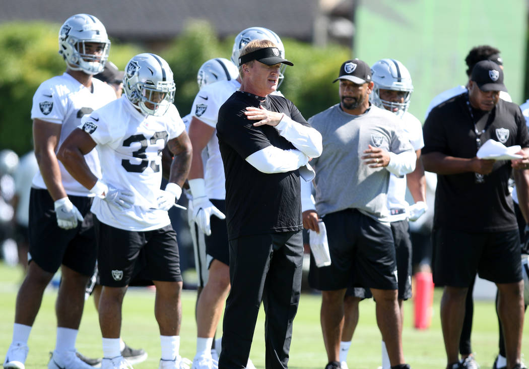Oakland Raiders head coach Jon Gruden oversees the offensive drills at the team's NFL training camp in Napa, Calif., Friday, July 27, 2018. Heidi Fang Las Vegas Review-Journal @HeidiFang