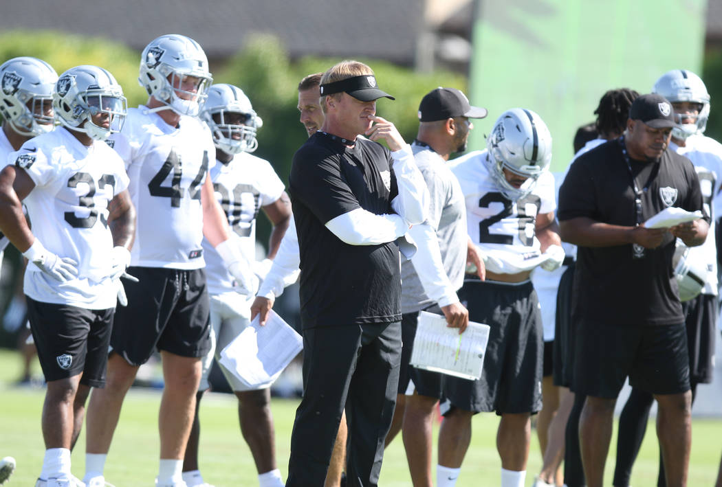 Oakland Raiders head coach Jon Gruden oversees the offensive drills at the team's NFL training camp in Napa, Calif., Friday, July 27, 2018. Heidi Fang Las Vegas Review-Journal @HeidiFang