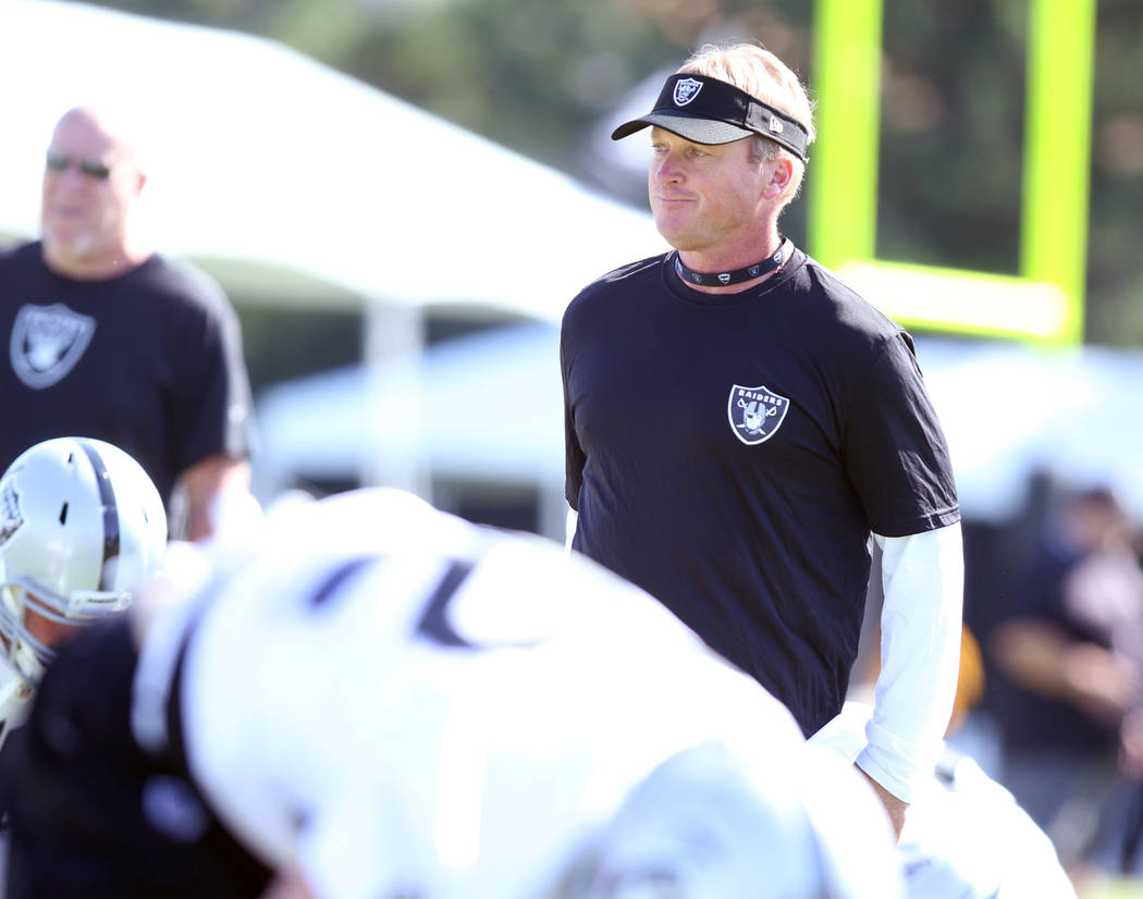Oakland Raiders head coach Jon Gruden watches as the team warms up at their NFL training camp in Napa, Calif., Friday, July 27, 2018. Heidi Fang Las Vegas Review-Journal @HeidiFang
