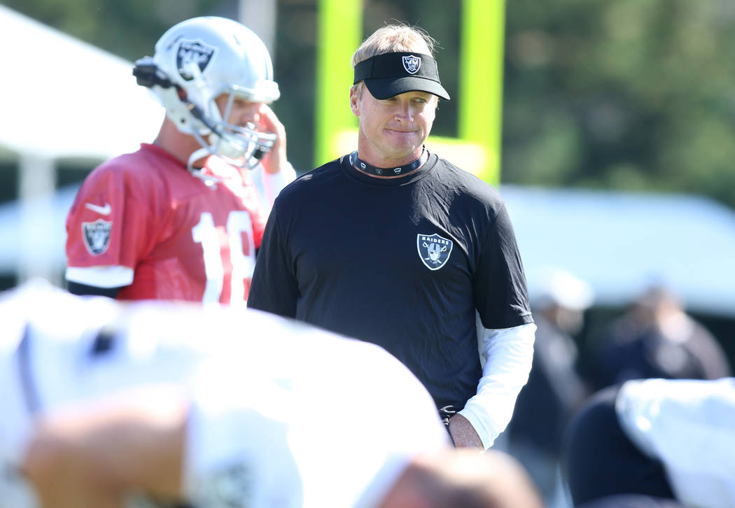 Oakland Raiders head coach Jon Gruden looks on as the team warms up at their NFL training camp in Napa, Calif., Friday, July 27, 2018. Heidi Fang Las Vegas Review-Journal @HeidiFang