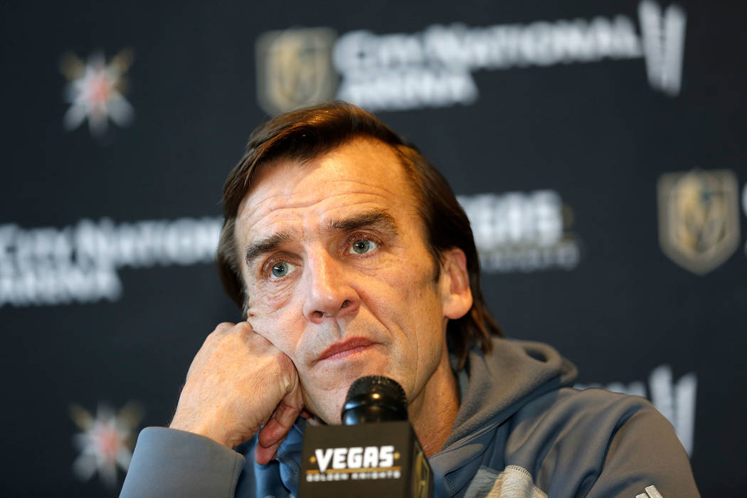Vegas Golden Knights General Manager George McPhee listens to a reporter's question during a news conference in Las Vegas, Sunday, July 1, 2018, to discuss the opening of NHL free agency. Chitose ...