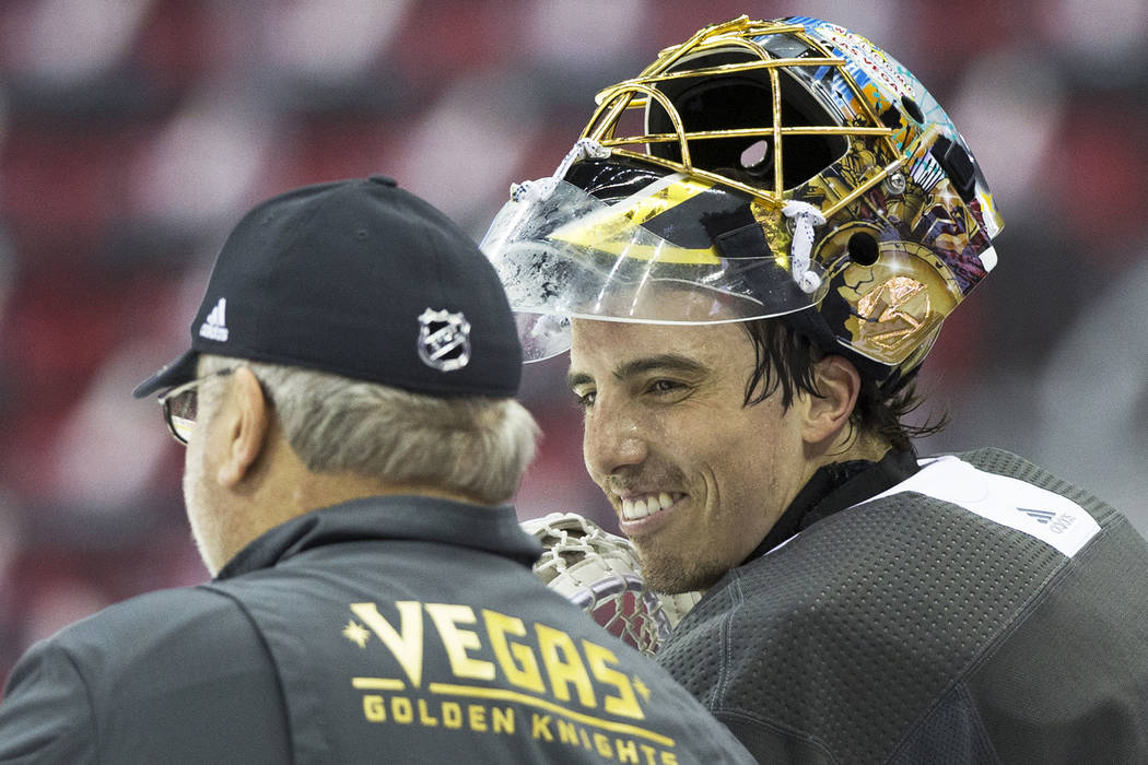 Golden Knights goaltender Marc-Andre Fleury (29) stays loose during practice leading up to Game 4 of the NHL Stanley Cup Final with the Washington Capitals on Monday, June 4, 2018, in Washington. ...