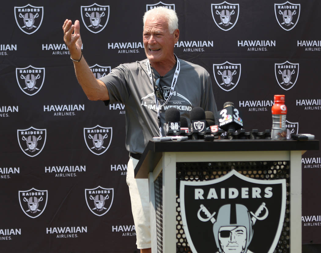 Former Oakland Raiders linebacker Phil Villapiano answers media questions at the team's NFL training camp at the Napa Memorial Stadium in Napa, Calif., Saturday, July 28, 2018. Heidi Fang Las Vega ...